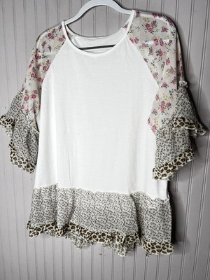Boho Raglan Shirt Womens XXL Floral Leopard Ruffle Hem Bell Sleeve Boho Mixed