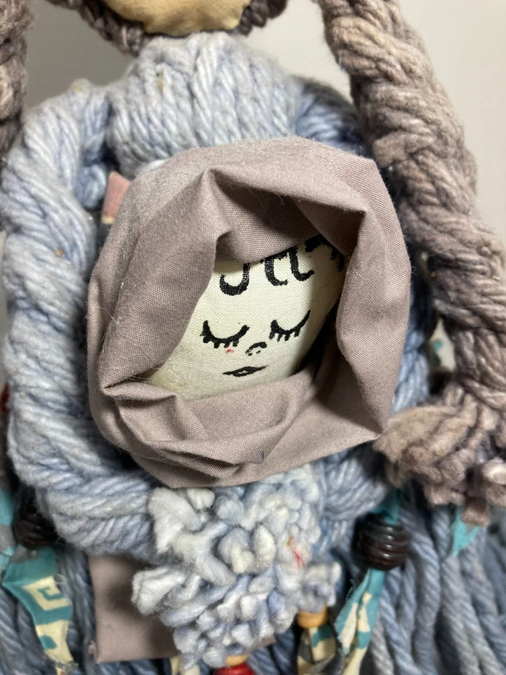 Denim Blue Yarn Doll 22" Holding Swaddled Baby Display Stand Painted Fabric Face - Image 3 of 4