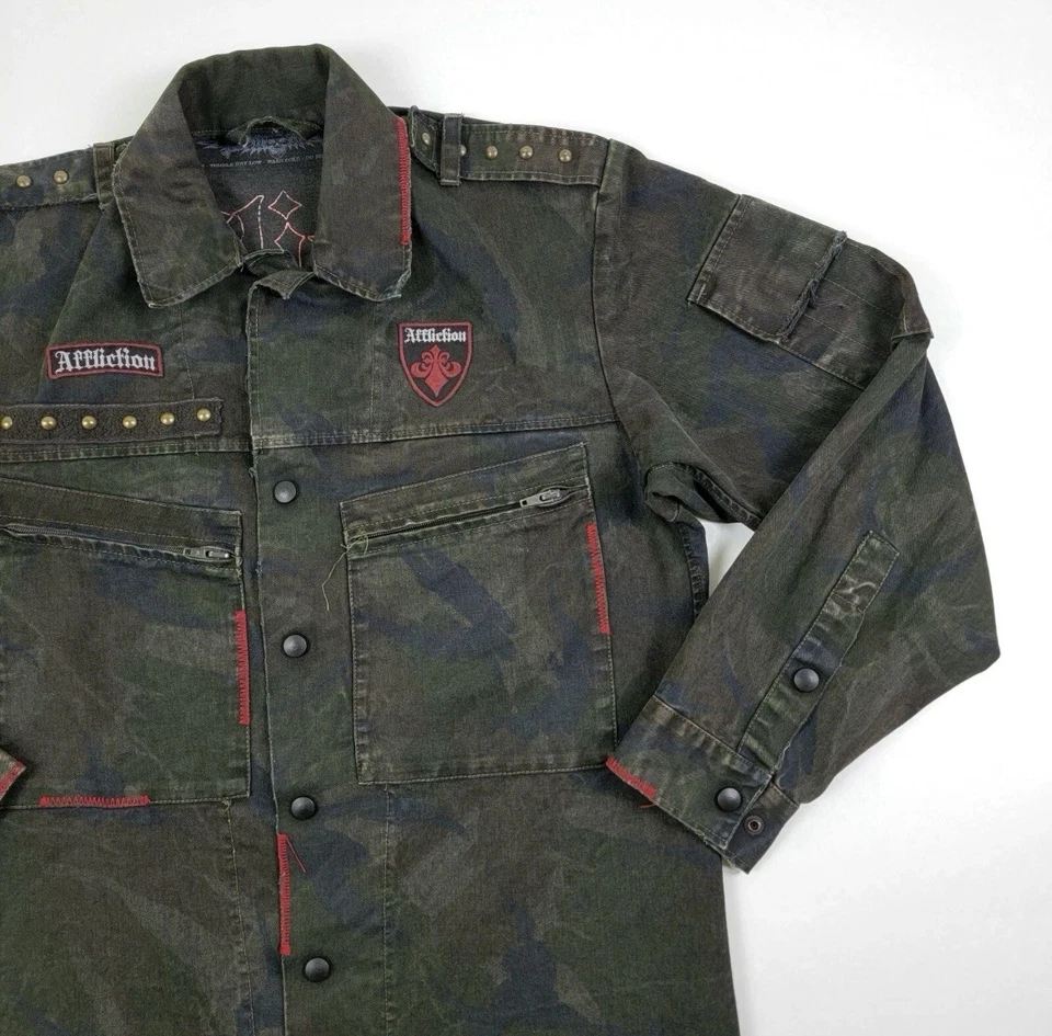 Chaqueta Denim Affliction Live Fast Premium Camuflada Estilo Militar Cremalleras S Snap EE. UU. Foto 4 de 4