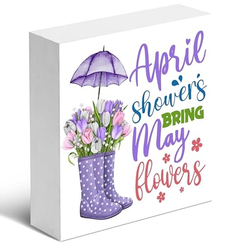 April Showers Bring May Flowers, Spring Decor, 5x5 Spring Wooden Box Sign,