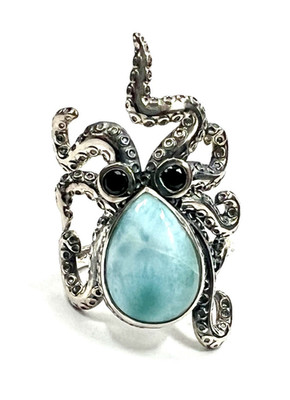 GP Collection Premium Larimar & Black Spinel 7.00 ctw Octopus Ring 925 SS Sz 7