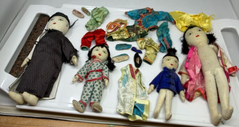 Vintage Hong Kong Hand sewn folk art dolls Family Clothes Shoes Large Lot of 4