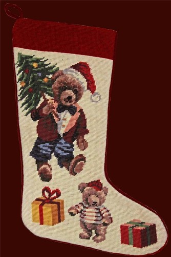 Bear & Tree Needlepoint Christmas Stocking 11x17" Finished Piece New #1012 - 第 1/1 張圖片