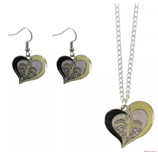 New NFL New Orleans Saints Swirl Heart Necklace & Earring 3pcs Set Jewelry