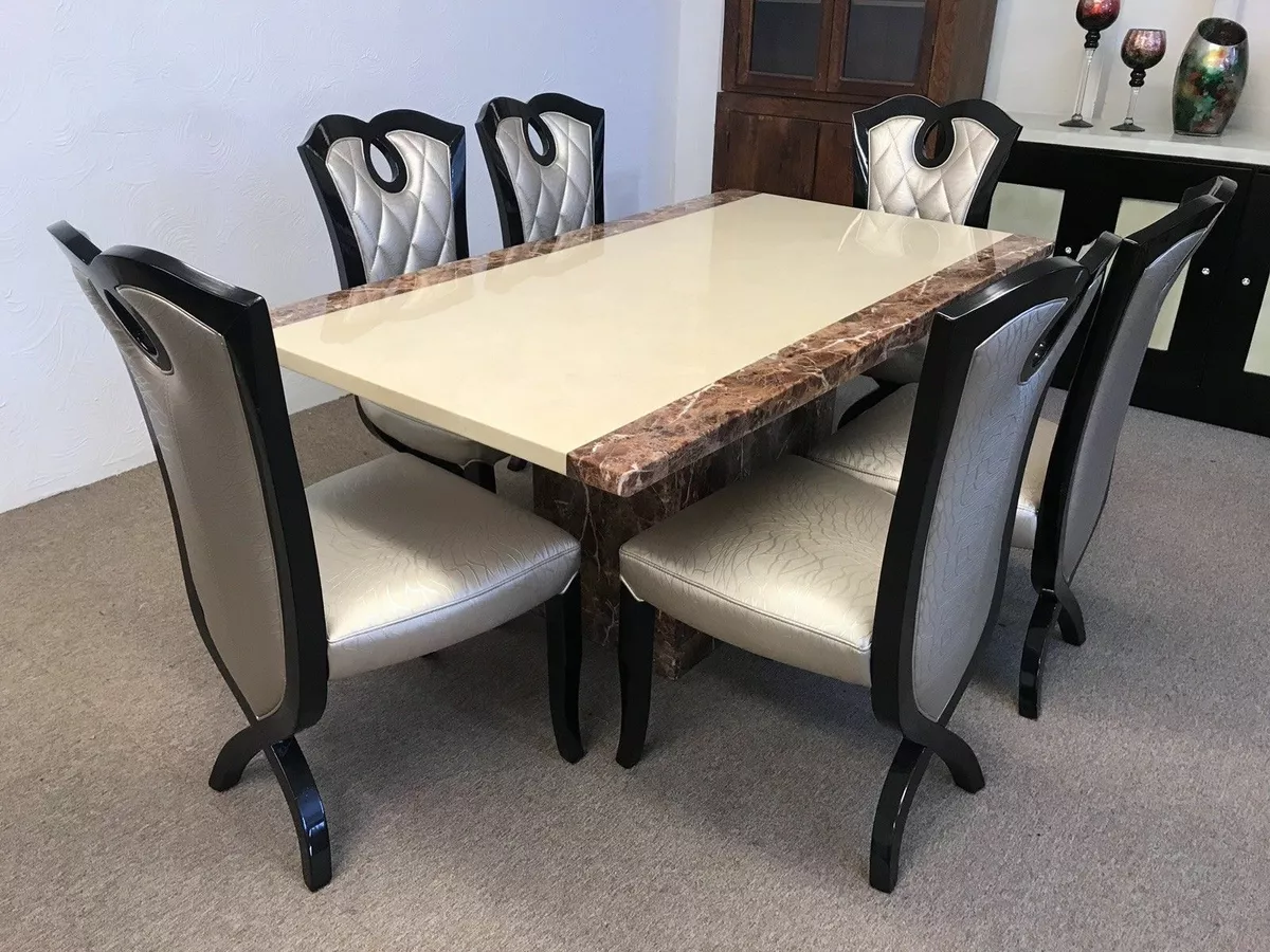 Monaco Desert Marble Dining Table 6x gold cross legged dining chairs