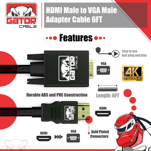 HDMI to VGA Cable Converter Adapter For HDTV PC Desktop Monitor Video 1080P 6FT - Picture 3 of 12