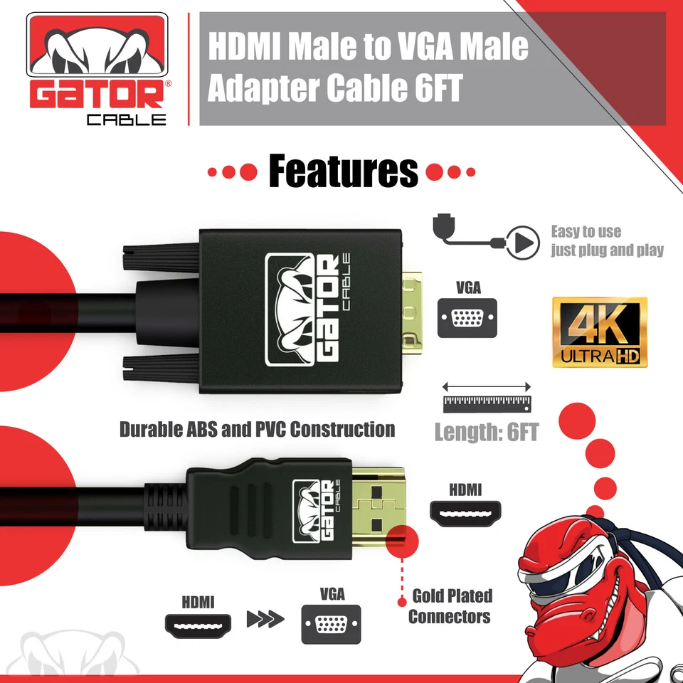 HDMI to VGA Cable Converter Adapter For HDTV PC Desktop Monitor Video 1080P 6FT - Image 3 of 4