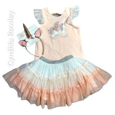 4pc Cynthia Rowley 5T Girls Dusty Pink Unicorn Outfit  2 Headbands