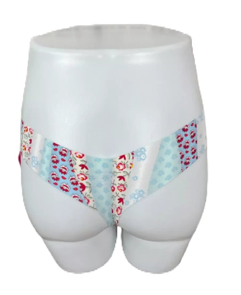 Calcinha Tanga Commando M/L Azul-Vermelho Clássica Patchwork Floral Corte a Laser Bordas - Imagem 4 de 4