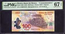 2010 BANCO DE MEXICO 100 PESOS POLYMER TRAIN COMMEMORATIVE PMG SUPERB GEM 67 EPQ
