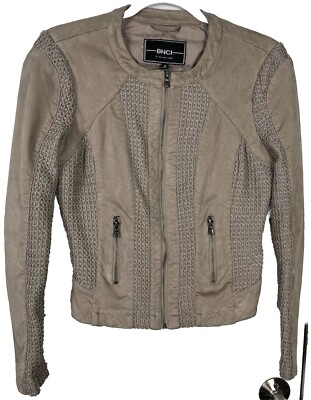 BNCI Blanc Noir Women s Faux Leather Cream Motorcycle Jacket Mesh Size Medium