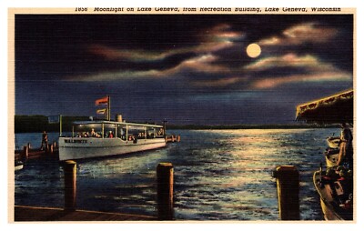 Moonlight On Lake Geneva Boat Walworth Recreation Building WI Postcard AE20