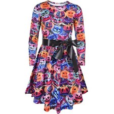 Kids Skater Long Sleeves Multi Color Pumpkins Print Halloween Dresses Girls 2-13