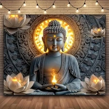 3D Buddha Lotus Religious Spiritual Meditation Tapestry Wall Hanging Backdrop
