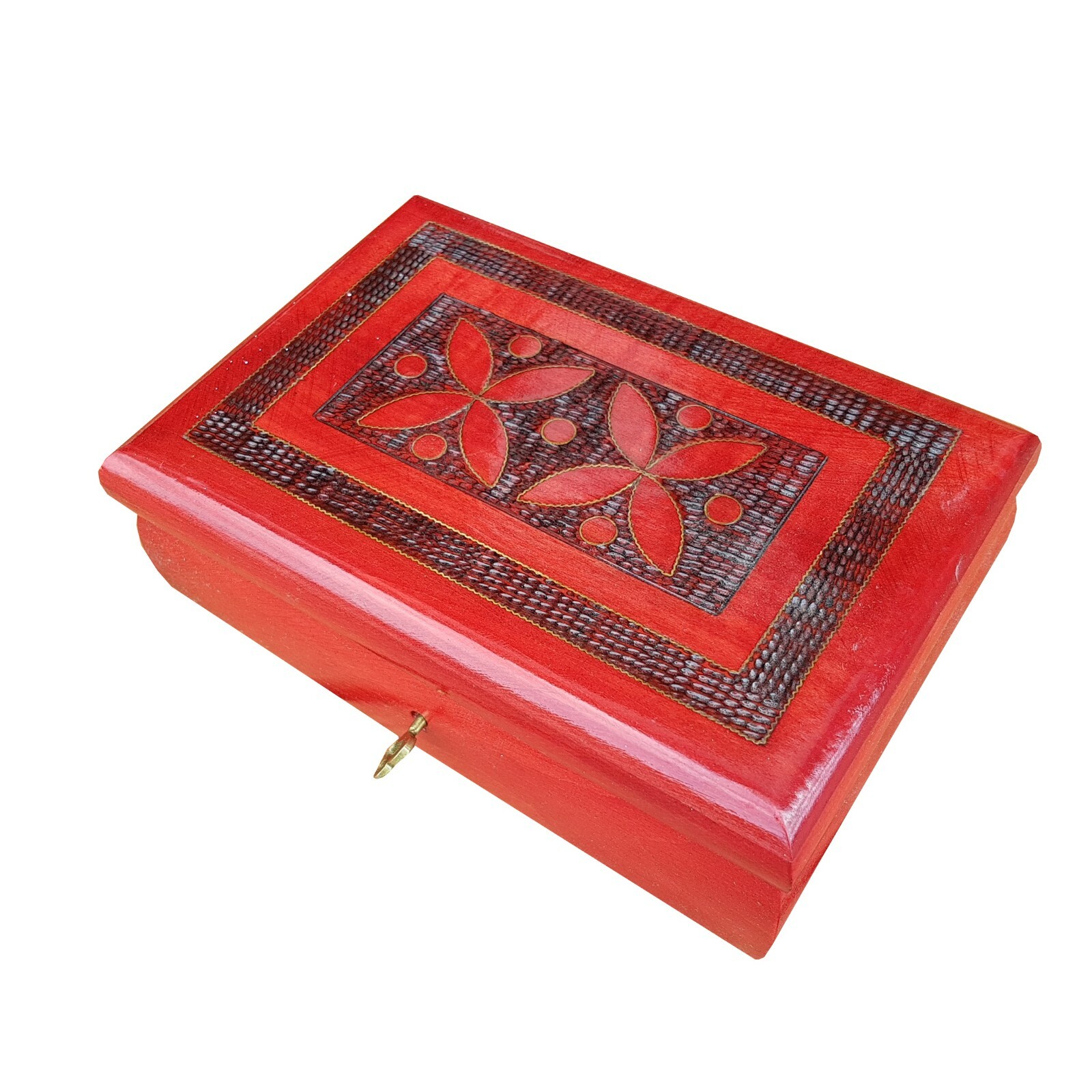 WOODEN CARVED JEWELLERY BOX LOCK AND KEY IN RED COLOUR eBay