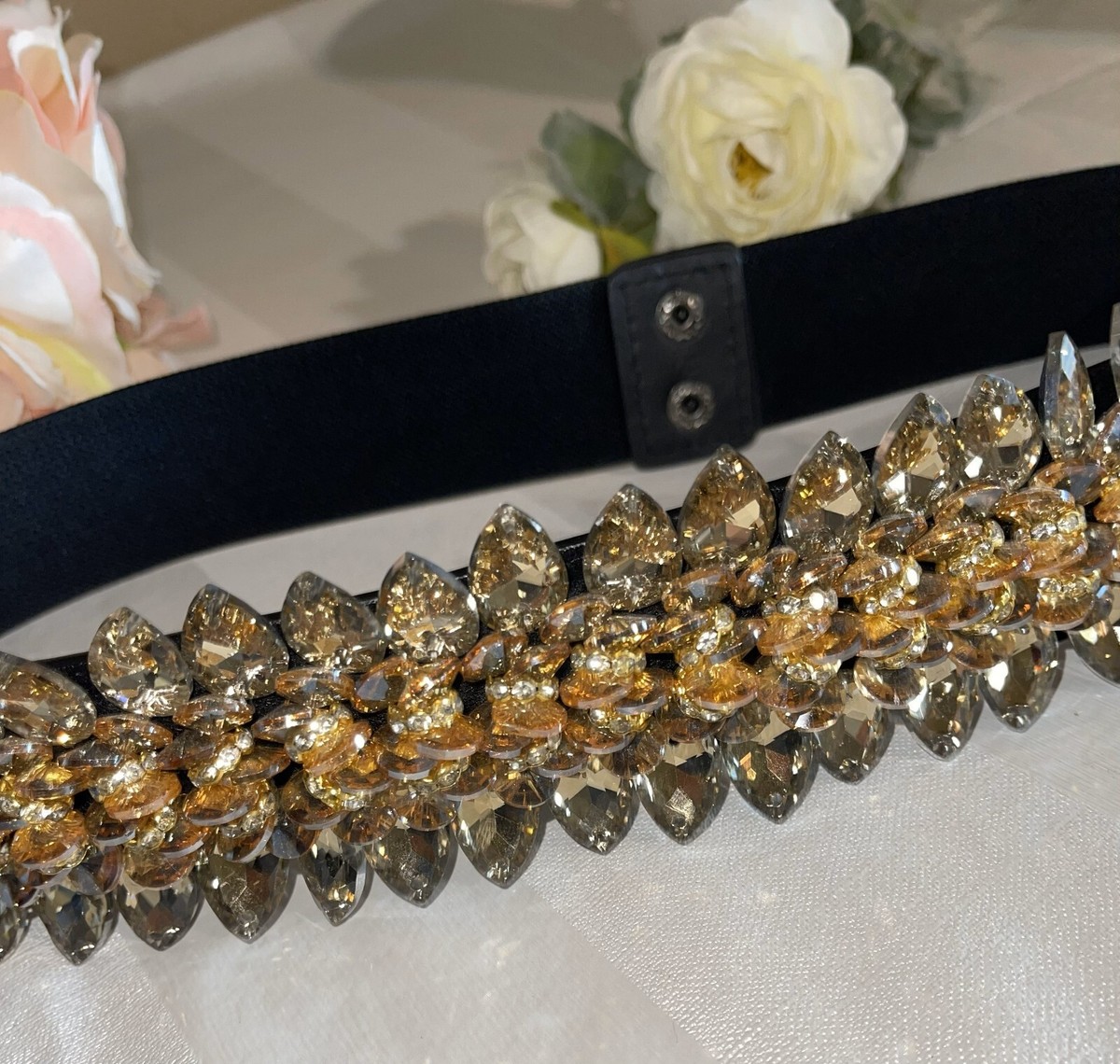 Gold Black Rhinestone Circle Buckle Elastic Belt Stretch Fashion Accessory Vintage Elastic Black Belt With Chunky Twist Design Gold  main image 2