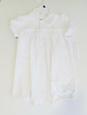 Ralph Lauren Baby Girls Interlock Bubble Shortall White Sz 18M - NWT