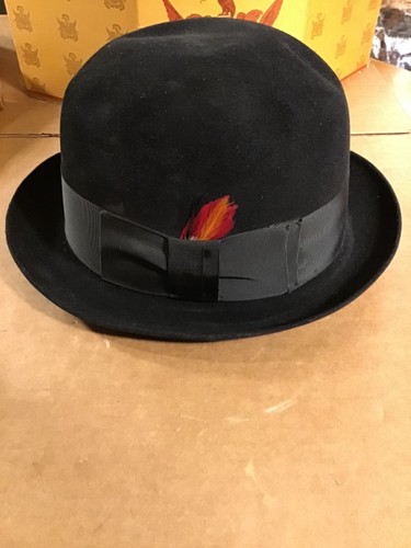 Vintage 1950's KNOX CUSTOM Fedora Black Hat Black Band w/ Feather 7 w/box - Picture 2 of 12