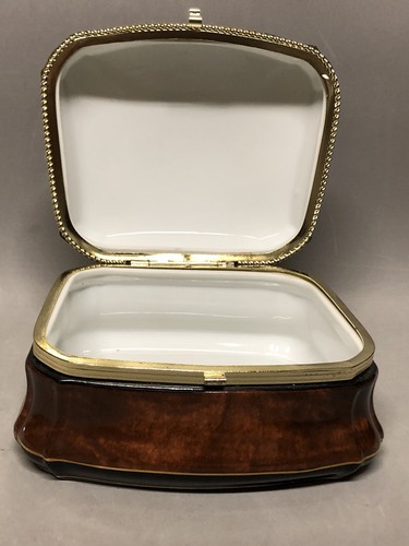 Fancy Ceramic Square Hinged Trinket Box Brown Marbled Black Band Gold Trim - Foto 7 di 11