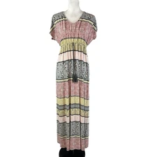 Style & Co Dress size Small Gray Pink Floral Peasant Boho Tassels Long Maxi