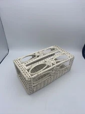 VINTAGE 70's White Wicker Rattan Rectangular Tissue Box Cover Holder