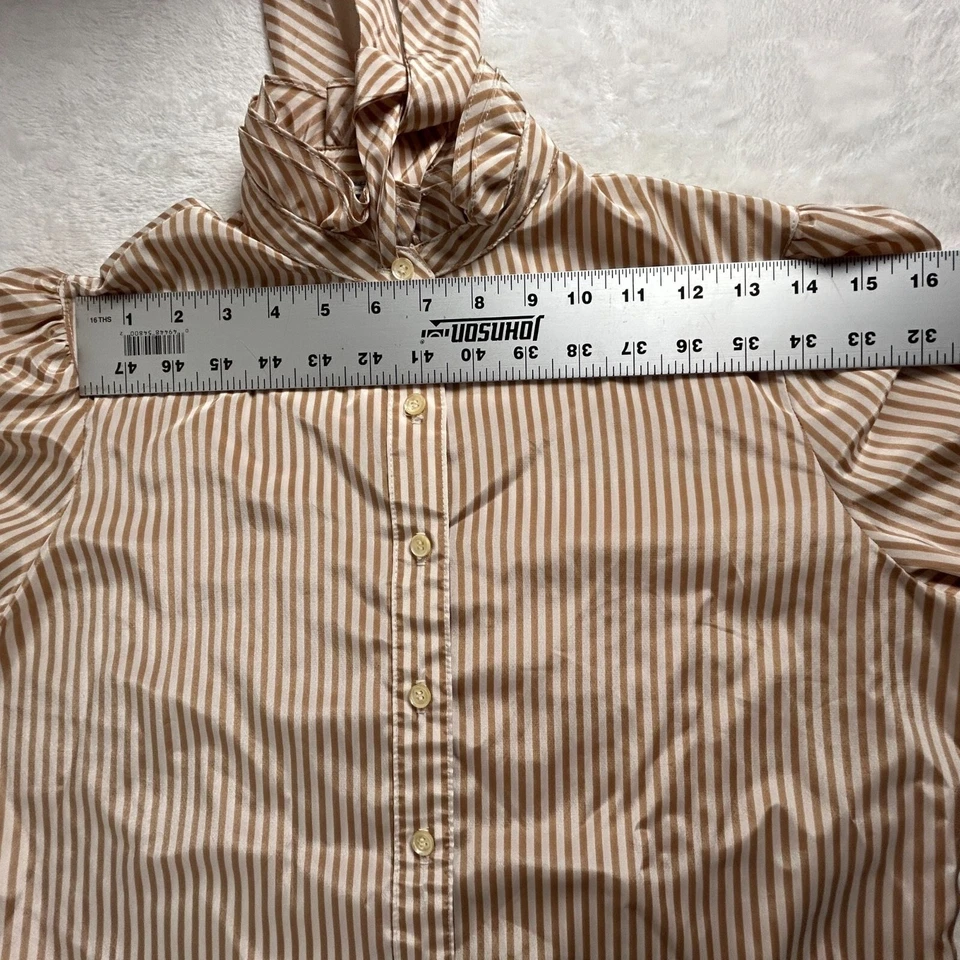 Blusa vintage The Villager para mujer beige blanca a rayas con botones y cuello atado talla 10 Foto 4 de 4