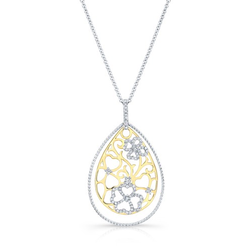 14k Two Tone Gold Diamond Teardrop Scrolled Floral Lattice Pendant Necklace 0.46