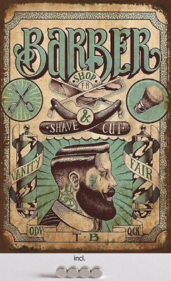 Blechschild 20x30 historisches Werbe Schild Laden BARBER SHOP shave & cut rasier