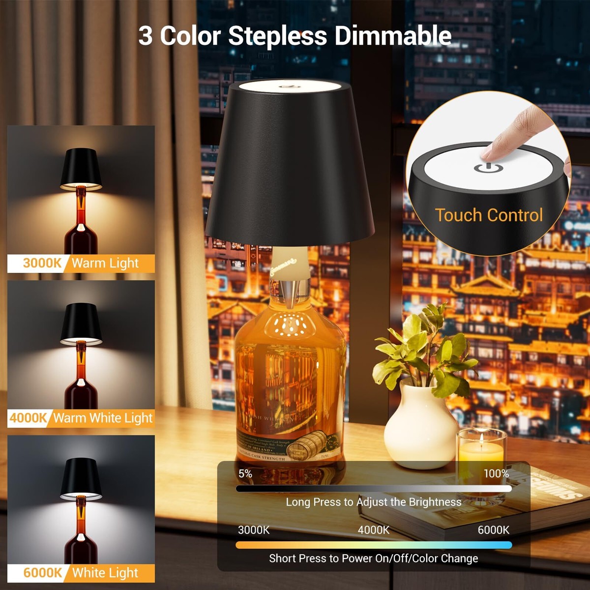 Wireless Bottle Lamp - Rechargeable LED Wine Bottle Light With 3 Color Temperatures