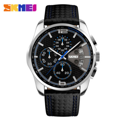 SKMEI Men Leather Strap Chronograph Date Business Calendar Quartz Wristwatches