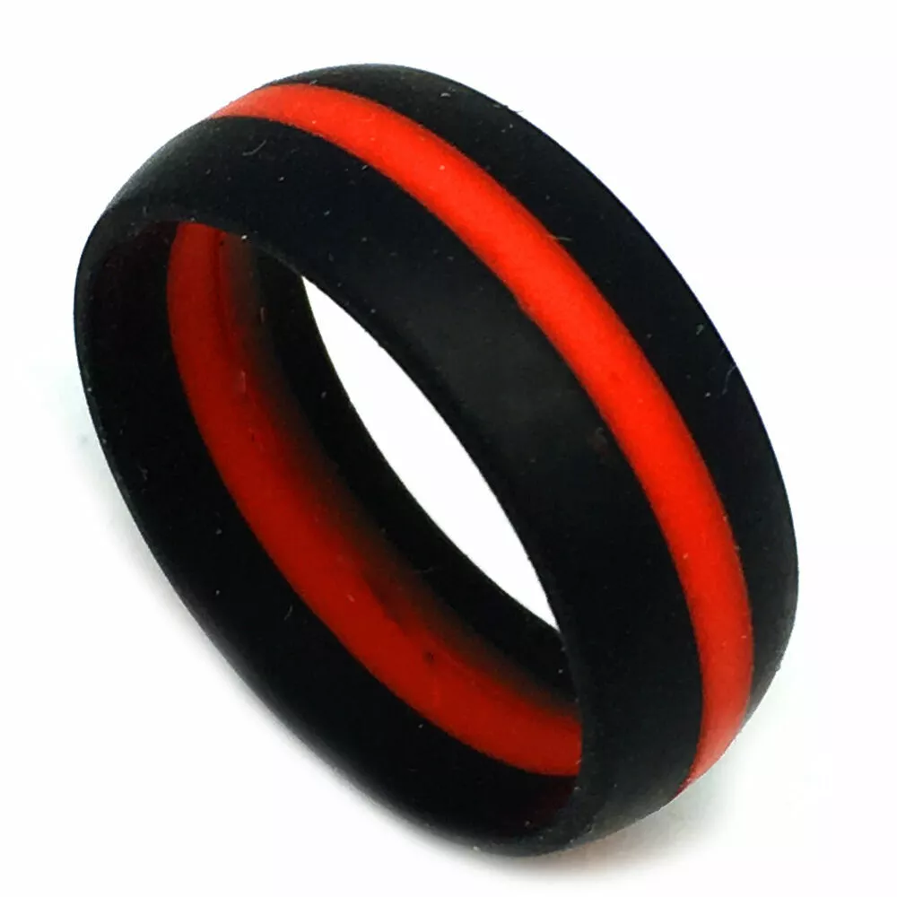 8mm Red Line Fireman Cross Fit Mens Silicone Rubber Wedding Band Ring