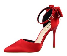 Chic Womens Faux Satin Sandals Bowknot High Heels Pointed Toe Casual Dress Shoes