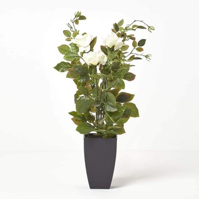 Großer cremefarbener Rosenstrauch Kunstblume im mattschwarzen Topf 80 cm