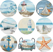 8 Pcs Beach Diamond Art Coasters Kits with Holder 4X4 Inch
