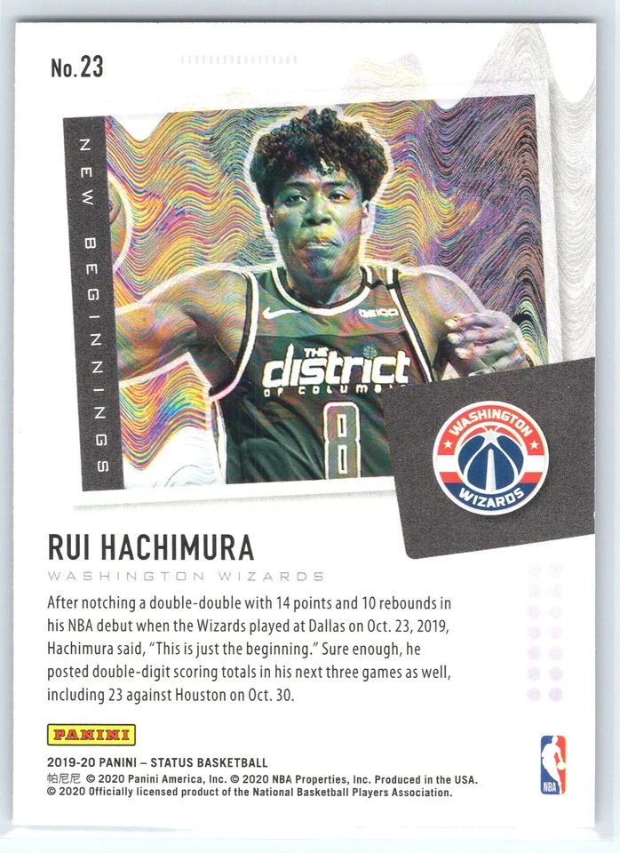 2019-20 Panini Status New Beginnings Rui Hachimura Rookie Washington Wizards #23 - Image 2 of 2