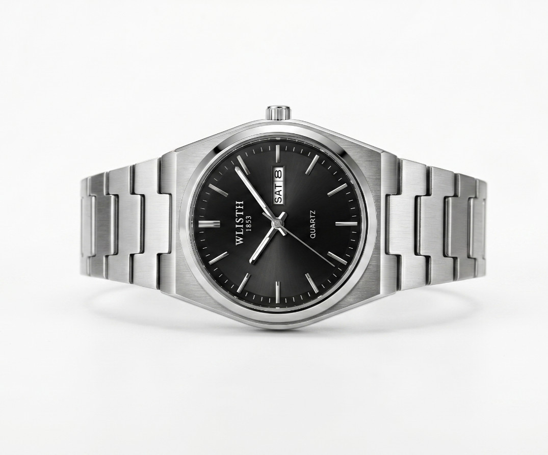 Montre homme quartz date lumineuse étanche en acier inoxydable noir argent