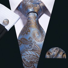 Blue with Gold Paisley Necktie, Hanky, and Cufflinks