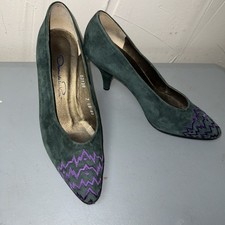 Vintage Oscar de la Renta Heels  Emerald Green Suede Purple Zigzag Toe