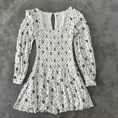 Free People Two Faces Square Neck Mini Dres Long Sleeve SMALL White Floral