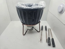 Fondue Set Ceramic Blue grey Pot Candle Lit Never Used Double Boiler 