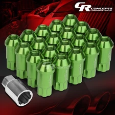 GREEN 20PCS M12X1.5 JDM STYLE 25MM OD 50MM TALL ALUMINUM RIMS LUG NUTS+KEY