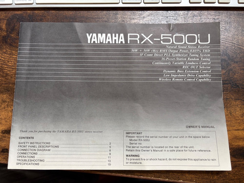 Yamaha RX-500U Owner's Manual Natural Sound Stereo Receiver With Warranty