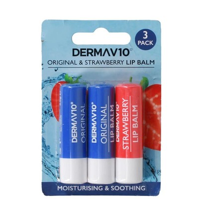 Derma V10 Original & Strawberry Lip Balm - 3 Pack, Moisturising & Soothing