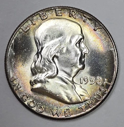 Beautifuly Toned 1958 90% Silver Proof Franklin Half Dollar Gem BU PF++
