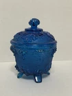 VTG 1950s Jeanette Glass Footed Covered Cobalt Blue Candy Dish Grape Leaf MCM
