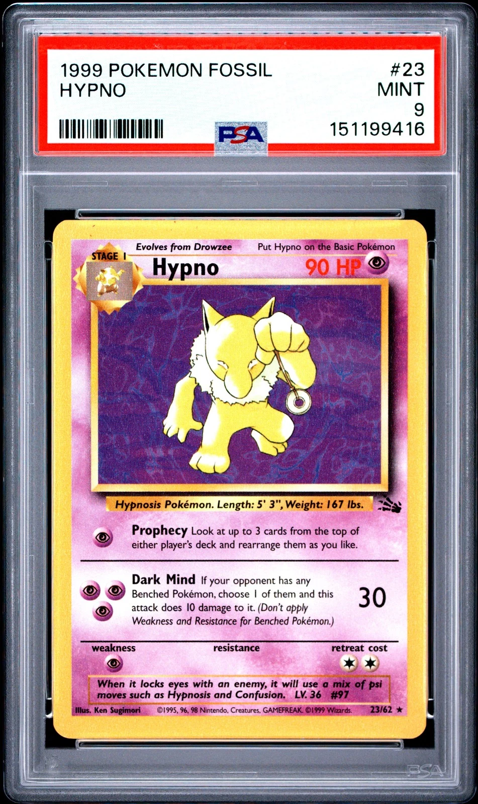 1999 POKEMON FOSSIL #23 HYPNO PSA 9