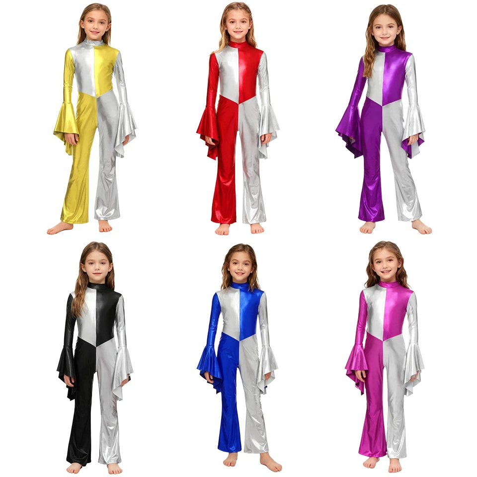 Niñas Bloque de Color Metálico Mono Disfraz de Baile Hippie Años 70 Disco Vestido Elegante Foto 2 de 4