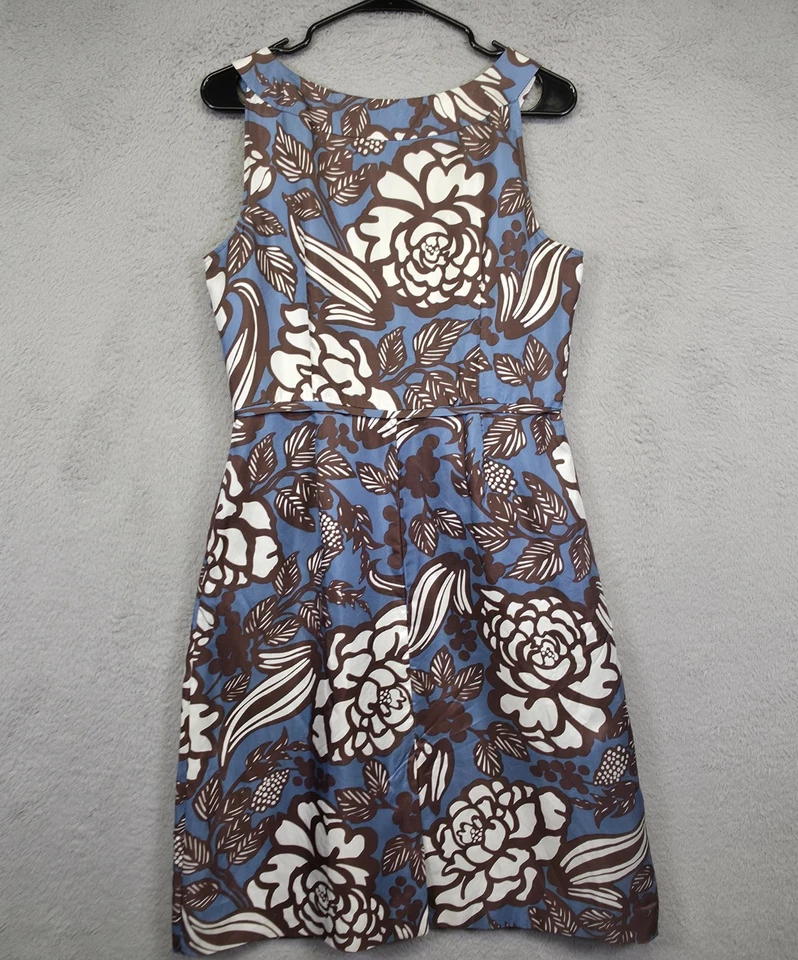 Vestido Boden Mujer 14 Azul Marrón Floral Plisado Seda Ajuste Acampanado Atemporal Negocios Foto 3 de 4