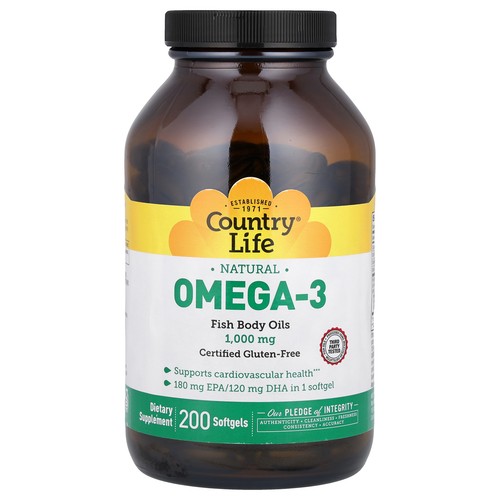 Country Life Omega-3 1000 mg 200 Softgels Gluten-Free, Milk-Free,