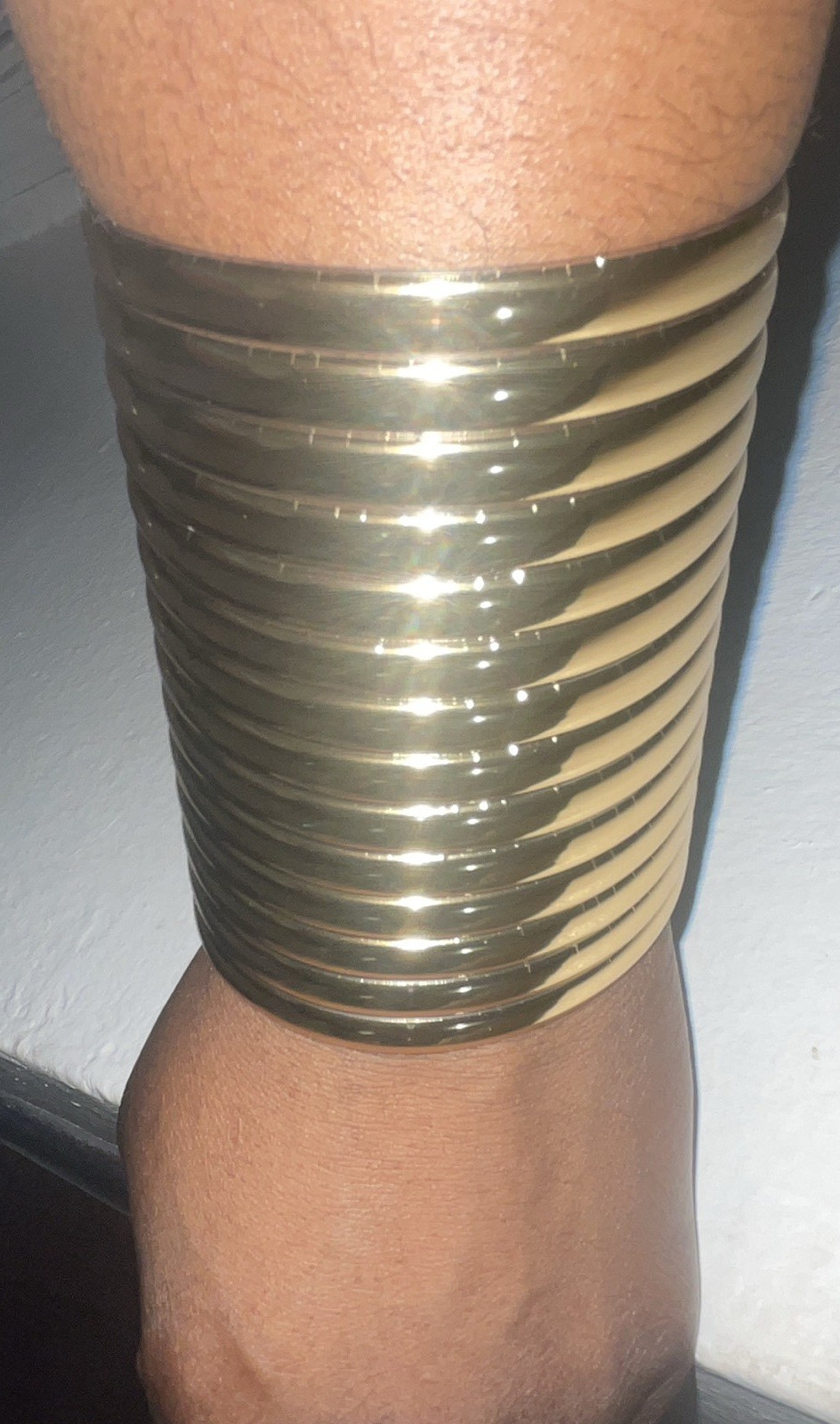 Gold Tone Wide Ribbed Open Cuff Bangle Bracelet Metal No Stone